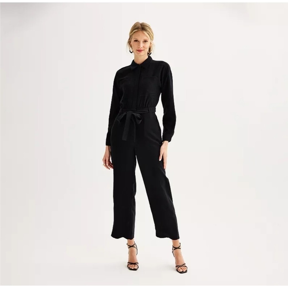Nine West Black Long Sleeve Jumpsuit 2X‎ Utility Career Ankle Party Chore Cargo